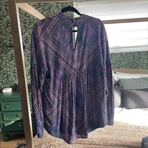 Free People Purple Long Sleeve V-Neck Blouse with Asymmetrical Pleats